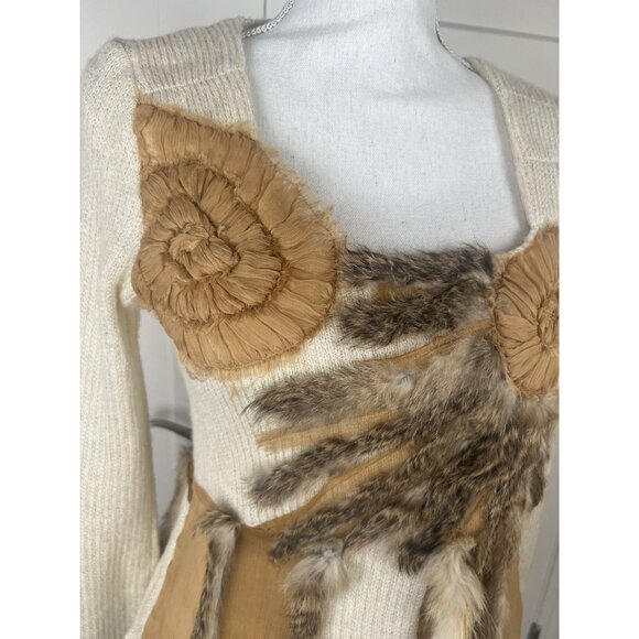 Radzoli Vtg 80's Sweater Wool Blend Gold Lurex Genuine Fur Art To Wear Sz S - Picture 4 of 11
